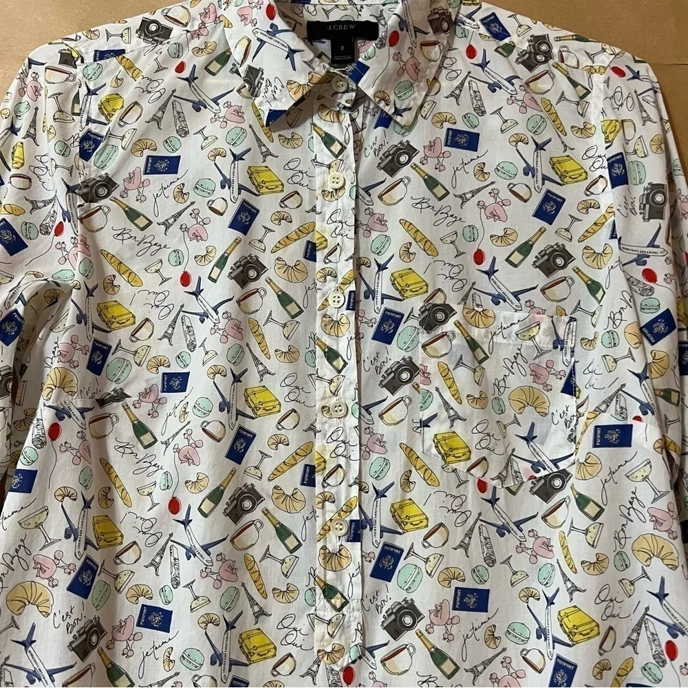 J. Crew | Parisian Novelty Print Popover Top French Paris Travel Shirt Size 2
